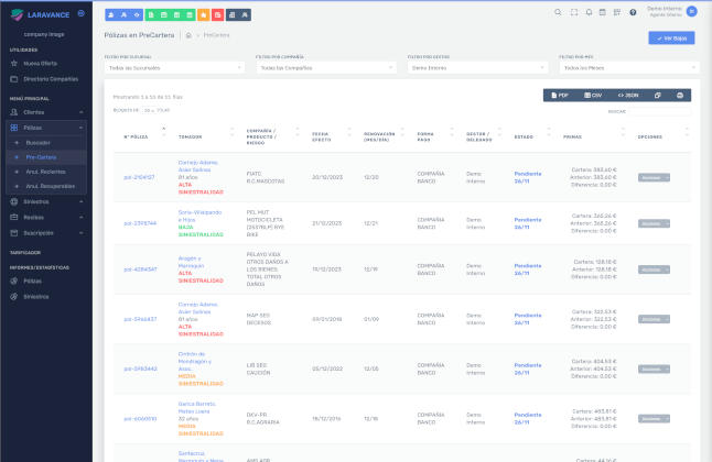 Pantallazo programa gestión con listado de pólizas en pre cartera con información detallada